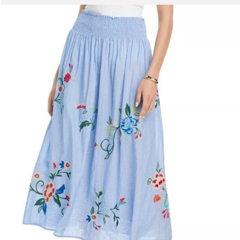 Johnny Was light Blue Striped Floral Embroidered Smocked Maxi Skirt M cotton